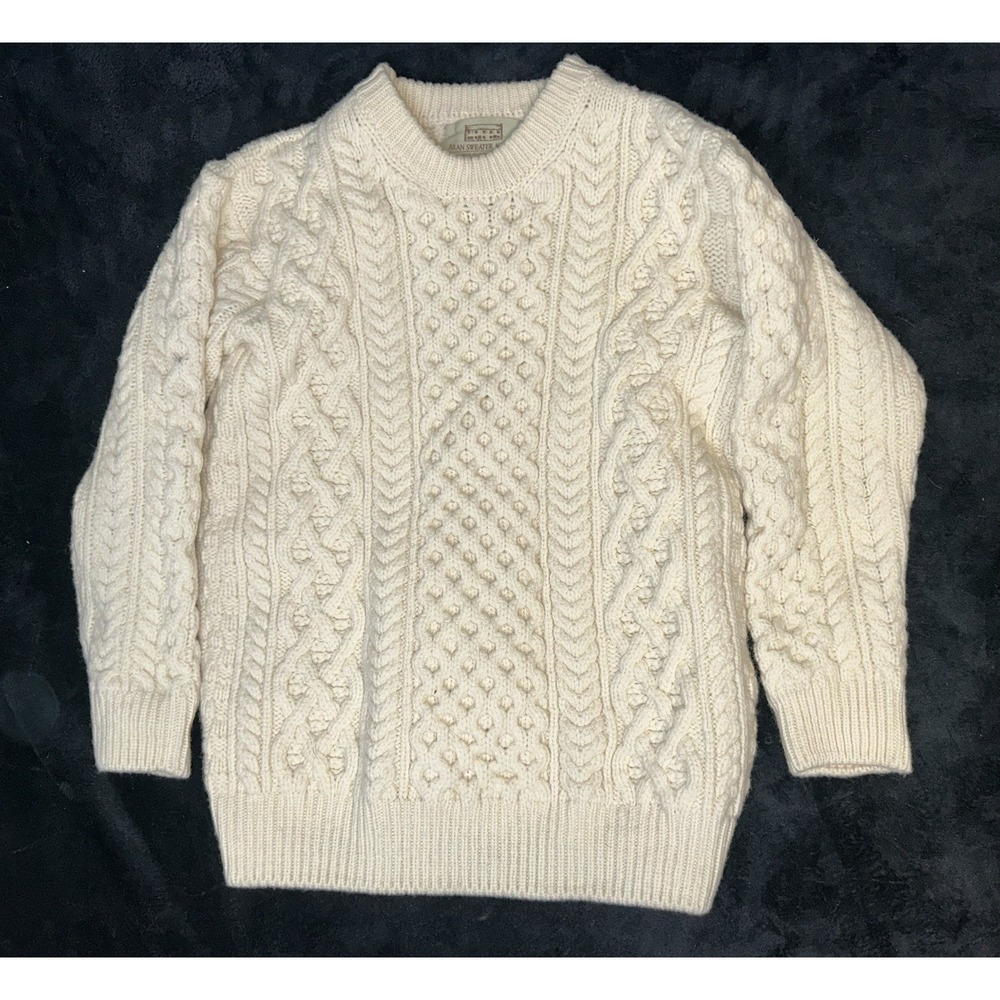 Aran Sweater Market Merino Wool Irish Cable Knit Fisherman Sweater Cream Size M